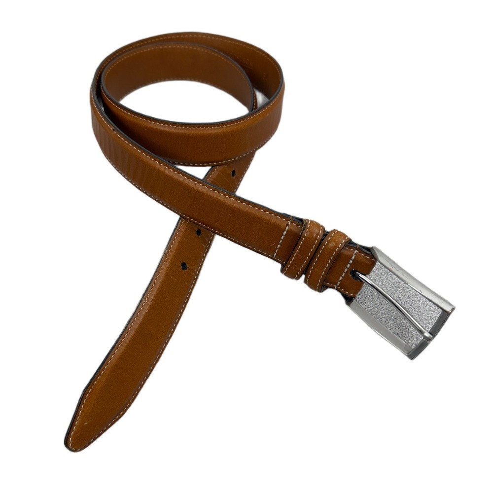 Nordstroms Mens Shop Leather Belt 34 Brown Silver Buckle Preppy Classic Stitched